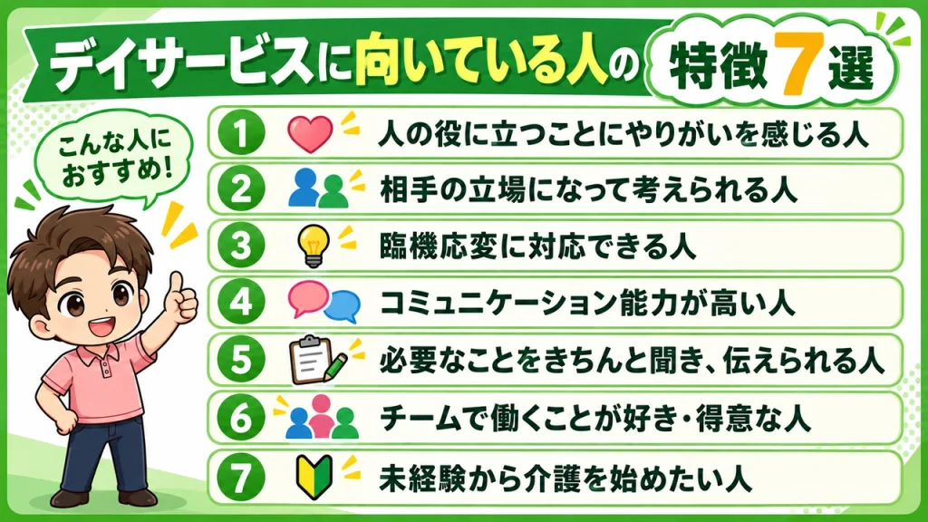 デイサービス介護職人_向いている人・役に立つがやりがい・相手の立場で考える・臨機応変に対応・コミュニケーション・伝えられる・チームワーク得意・未経験