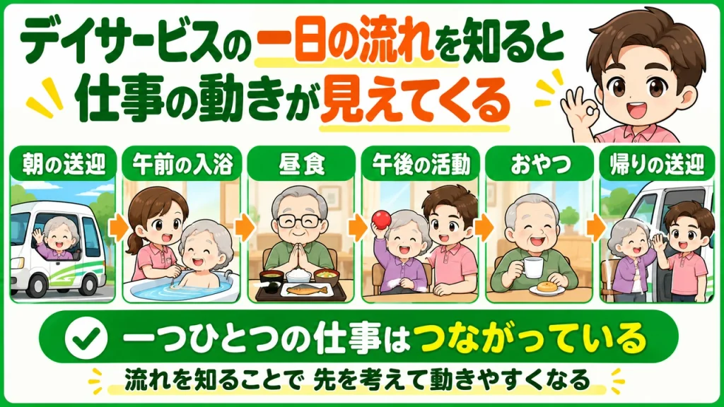 デイサービス介護職人_一日の流れで仕事の動きが見えてくる