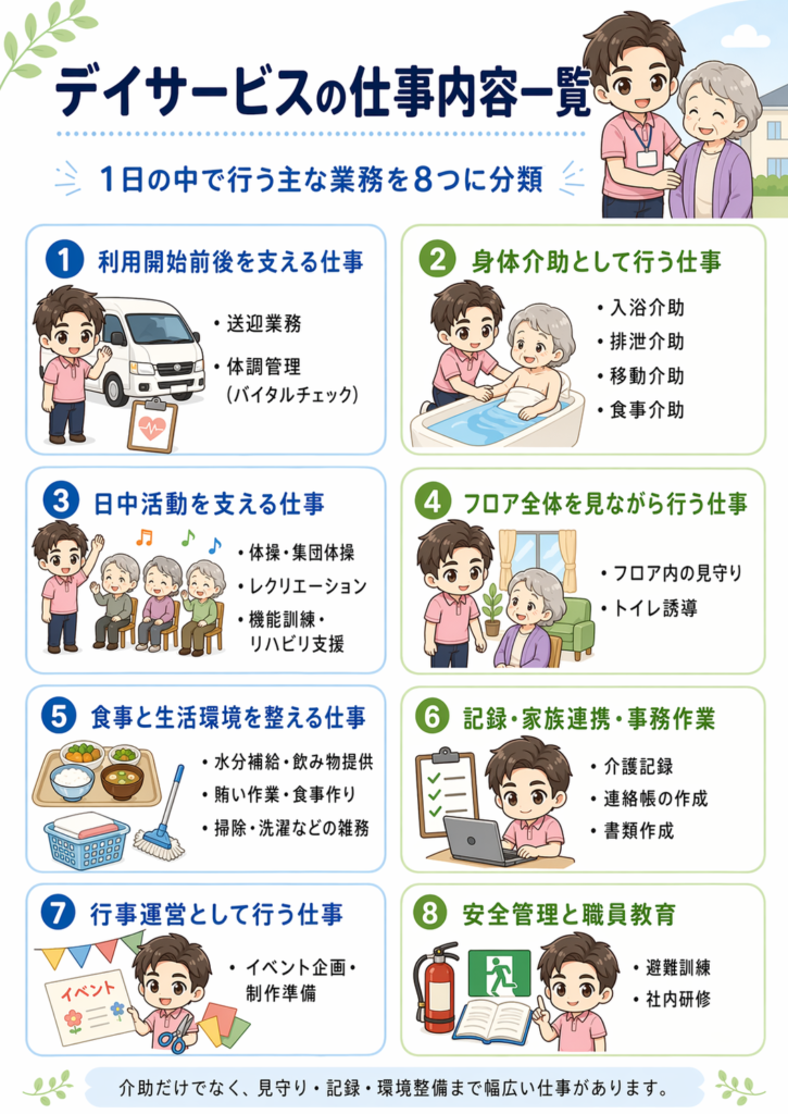 デイサービスの仕事内容を8分類でまとめた図解